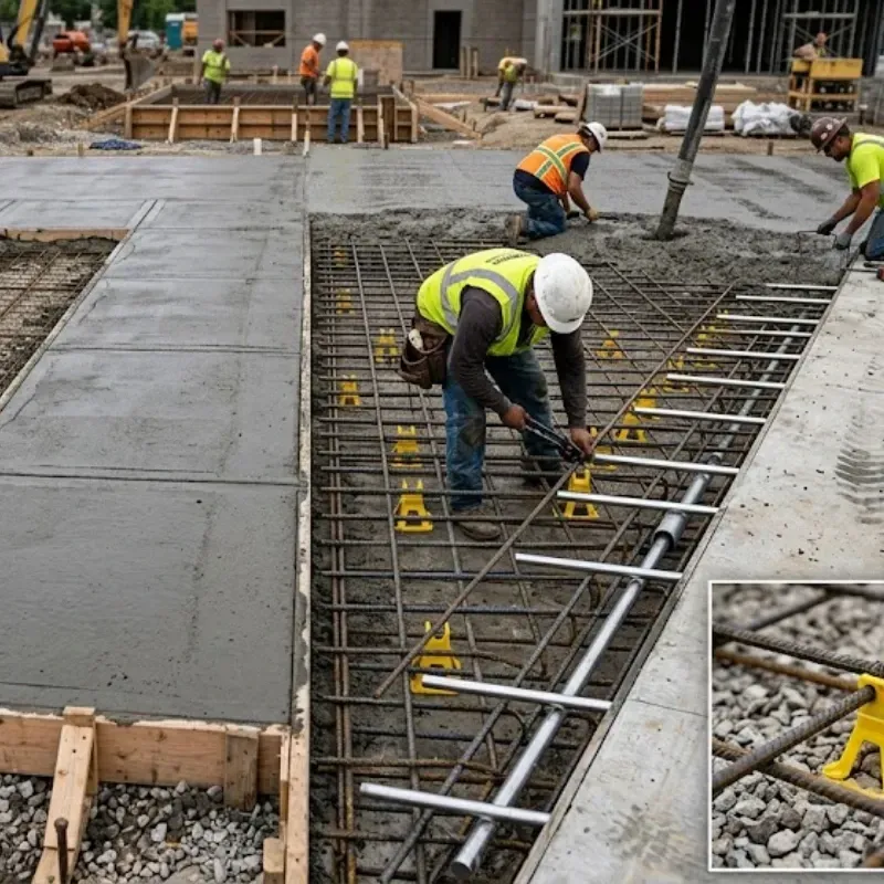 Commercial concrete slab reinforcement with rebar grid placement for crack control in Davao construction projects