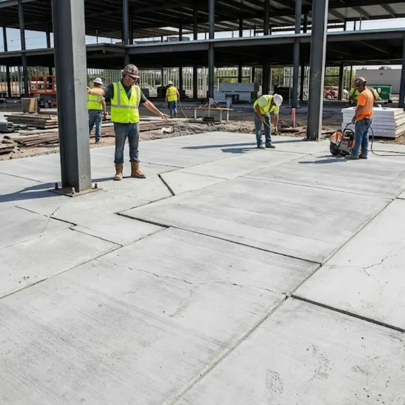 Commercial concrete slab showing improper joint spacing leading to cracking issues in industrial flooring