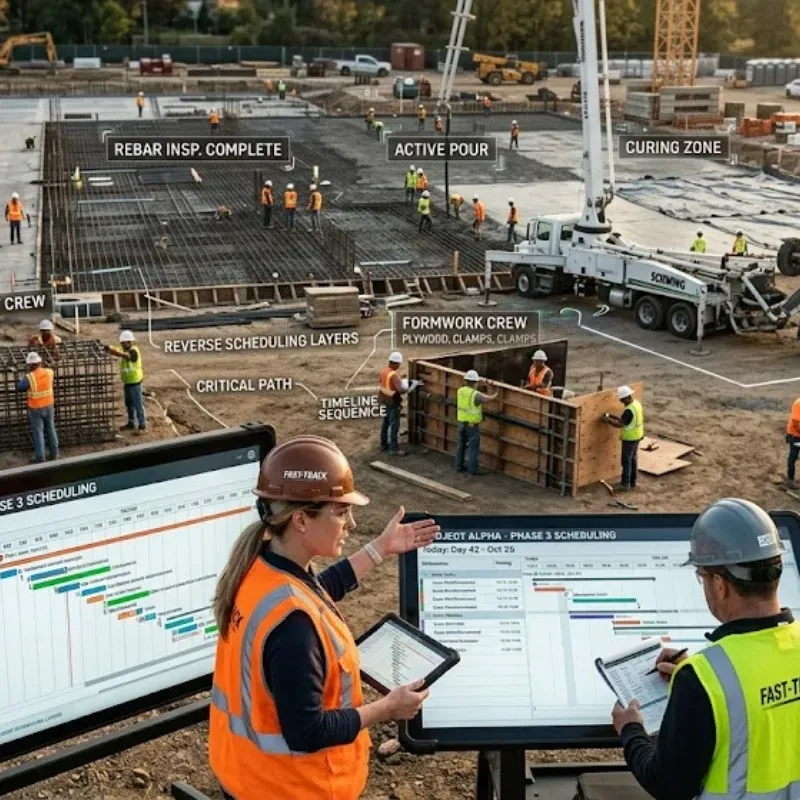 Concrete contractor coordinating commercial fast-track scheduling and crew workflow for concrete pour in Baton Rouge Louisiana construction project showing formwork reinforcement inspection and finishing timeline planning for commercial concrete scheduling discipline