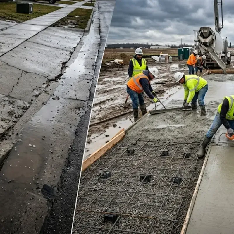 Concrete contractor inspecting common concrete installation mistakes such as poor soil preparation, missing reinforcement, and improper control joints on driveway and sidewalk projects.