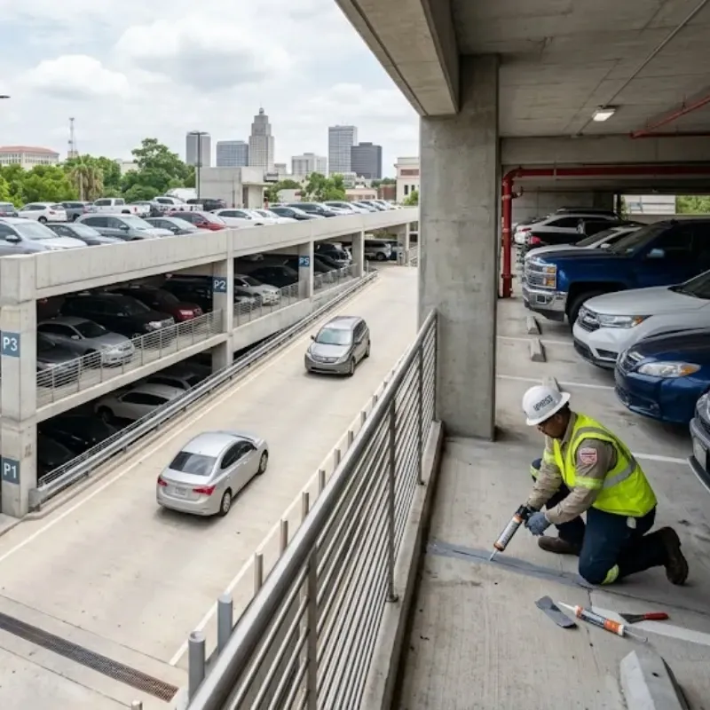 Concrete parking structure in Baton Rouge requiring minimal maintenance with open parking spaces and no business disruption