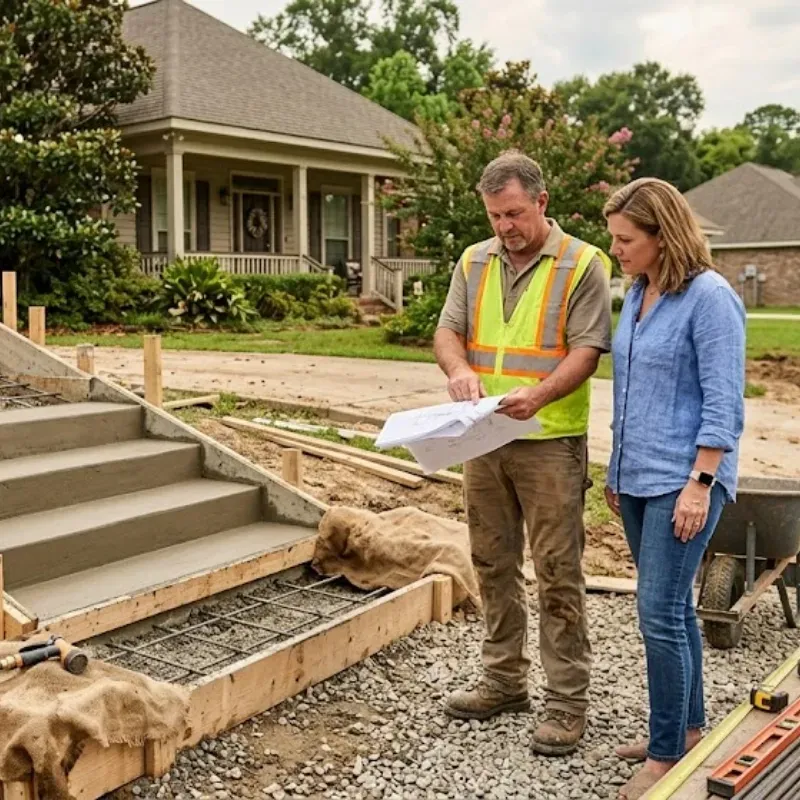 Concrete step construction in Baton Rouge showing proper soil preparation, reinforced high-strength concrete, correct step dimensions, and professional finishing methods for durable, code-compliant residential entryways in Louisiana weather conditions