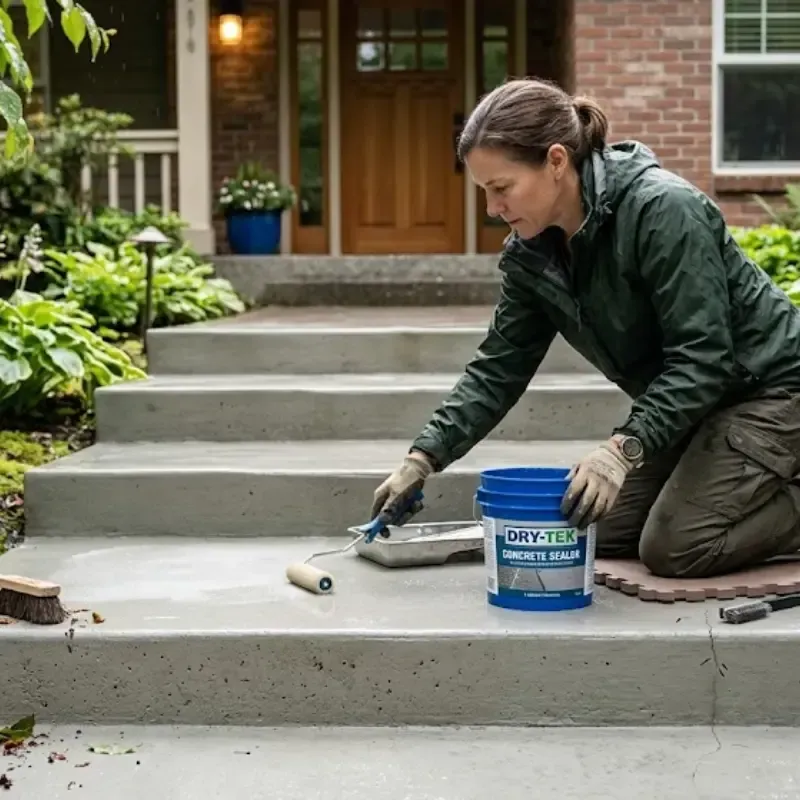 Concrete steps in Baton Rouge, Louisiana being sealed after installation to protect against humidity, rain, and long-term surface wear