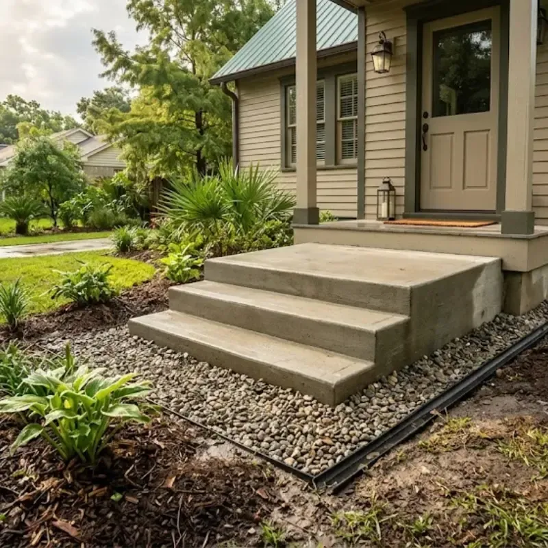 Concrete steps in Louisiana with proper grading and drainage directing water away to prevent erosion and foundation damage