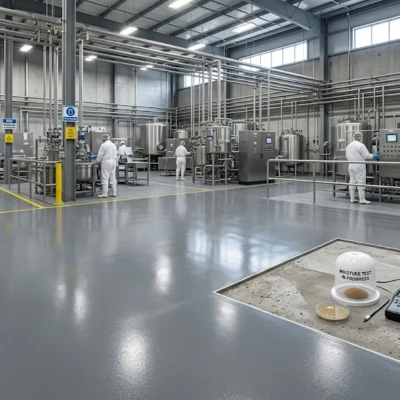 Industrial epoxy flooring in Baton Rouge chemical-resistant facility with seamless cleanable surface for sanitation-heavy environments