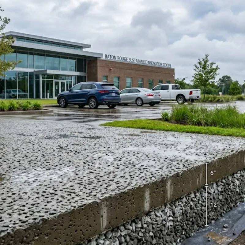 Permeable concrete driveway in Baton Rouge allowing rainwater to drain through surface into gravel base for improved stormwater management