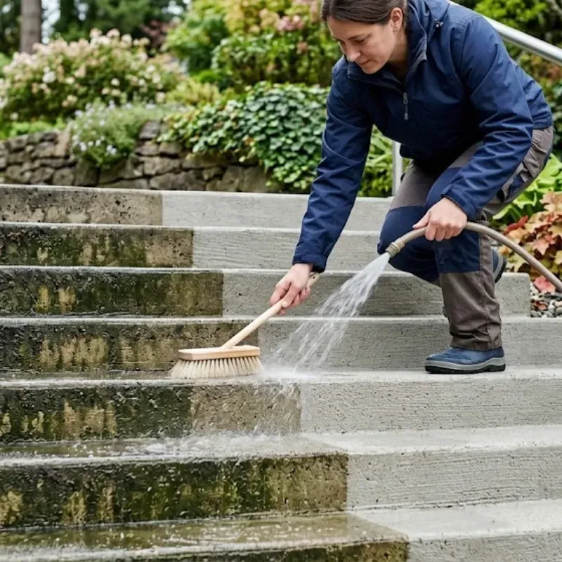 Residential concrete steps maintenance focused on slip resistance, showing safe traction after gentle cleaning and removal of organic buildup