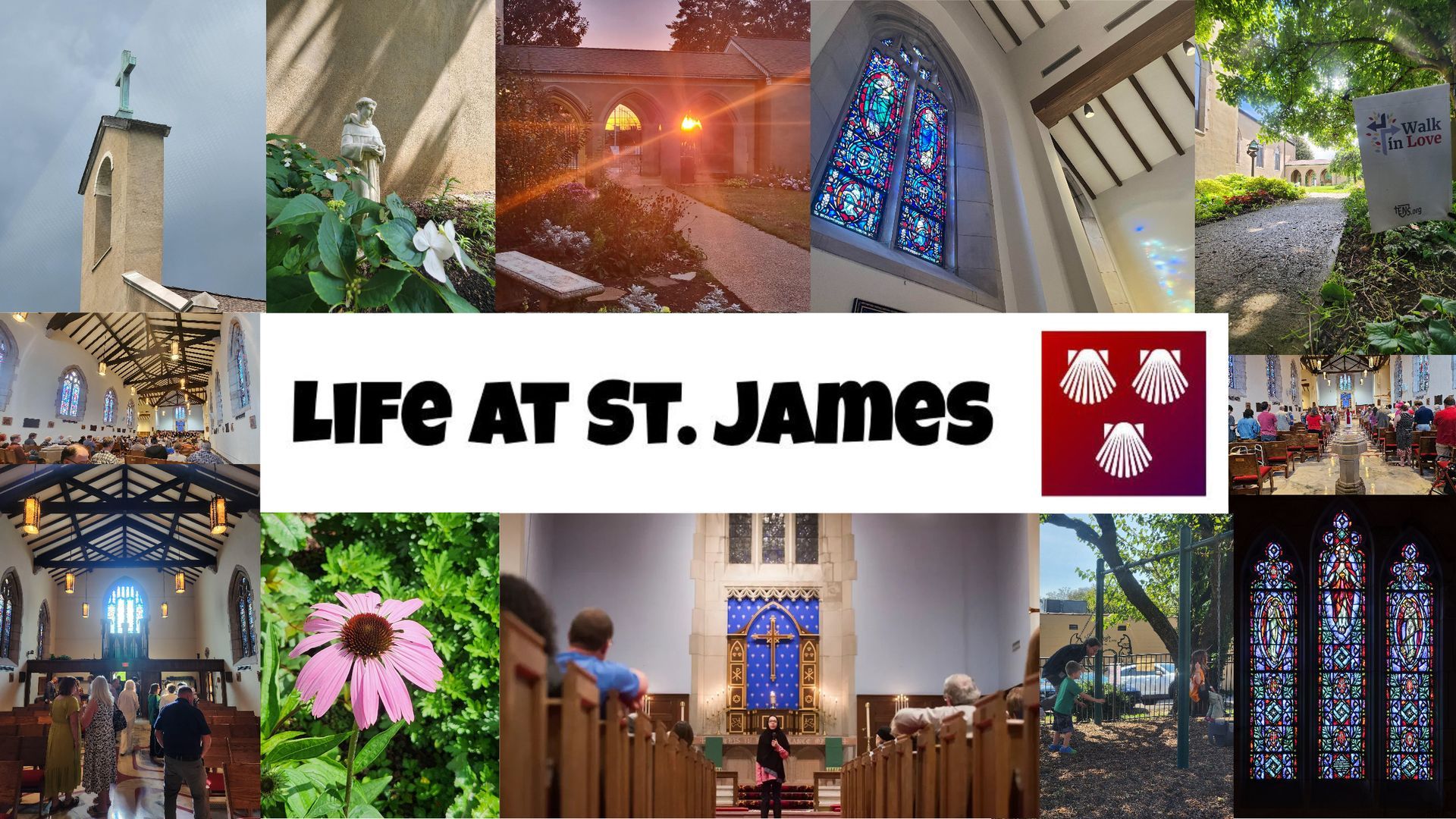Collage: various photos depicting church life at St. James; stained glass, people, and outdoor scenes.