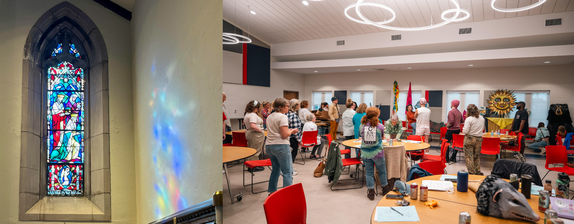 Stained glass window casts rainbow light on a wall; group of people in a brightly lit room.