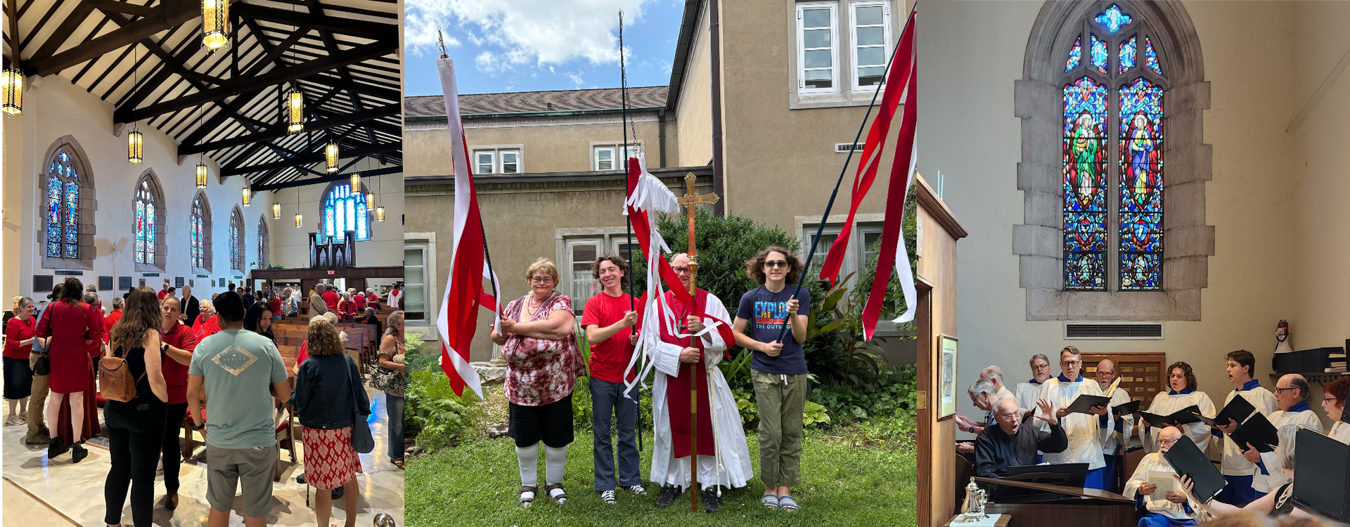 People in a church ceremony. People with flags outside a building. Choir singing in a church.
