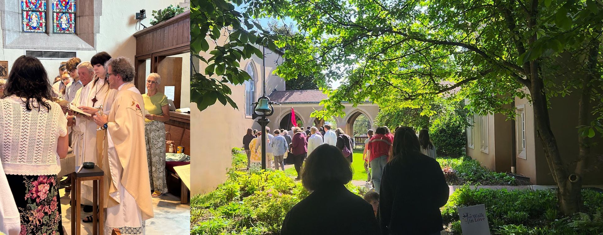 People in church ceremony, followed by group outdoors; sunny day.