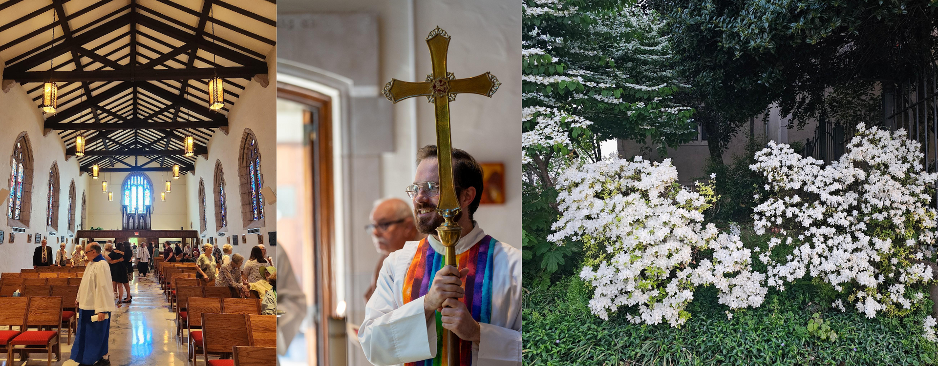 A church wedding ceremony, a priest holding a cross, and white flowers in a garden.