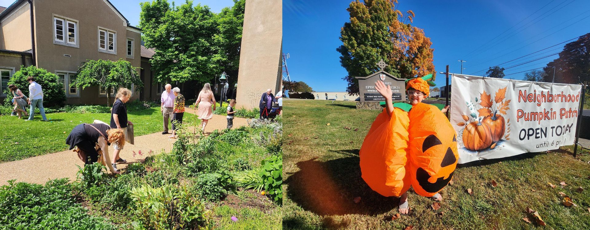 People outside a building, a pumpkin patch sign, and a person in an inflatable pumpkin costume.