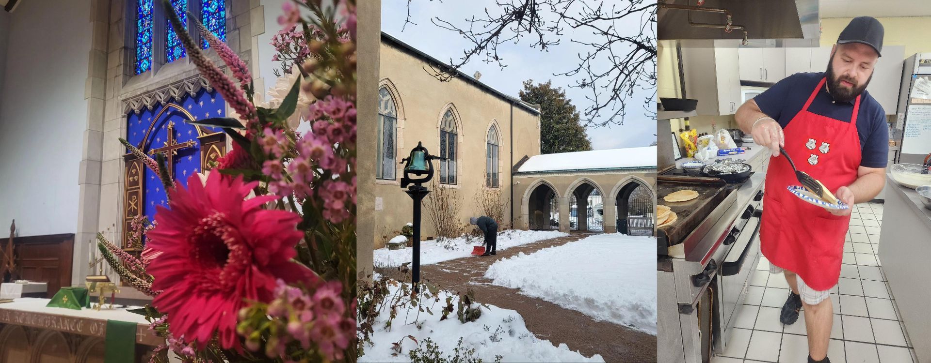 A church interior with flowers, a snow-covered courtyard, and a chef cooking.