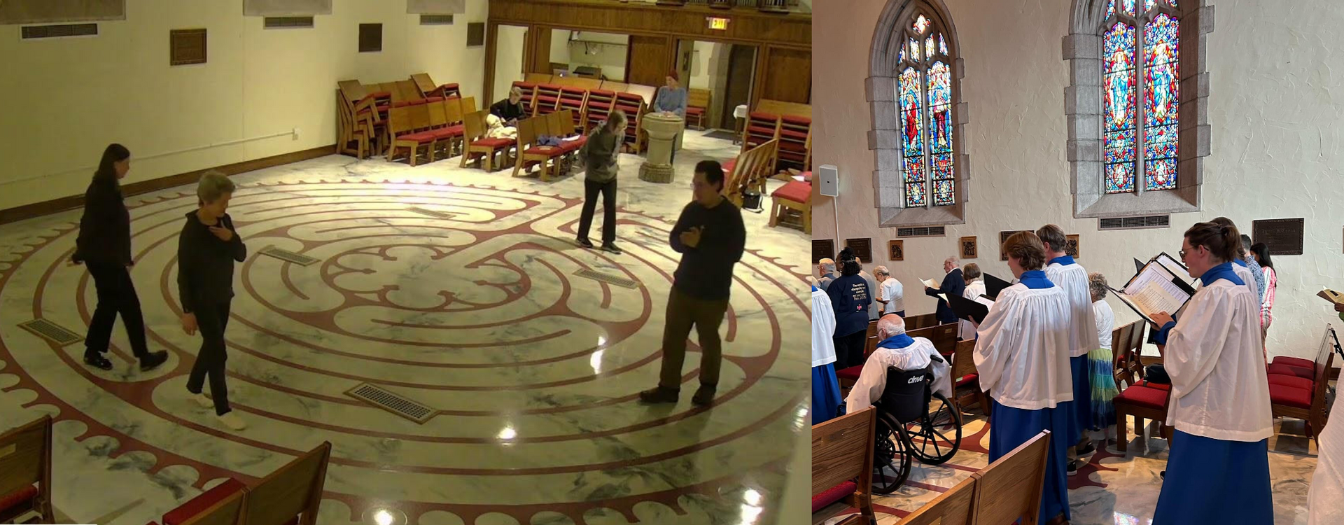 Two church spaces: one with people walking on a labyrinth; another with a choir singing.