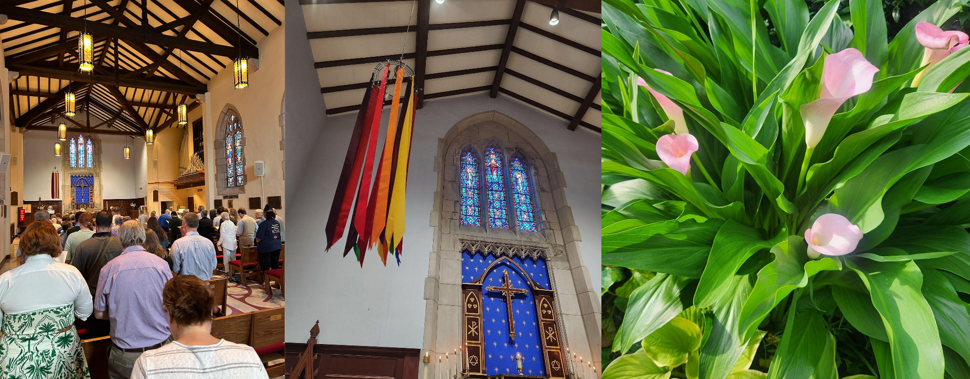 Three-panel photo: people in church, colorful hanging banner, and pink flowers in green foliage.