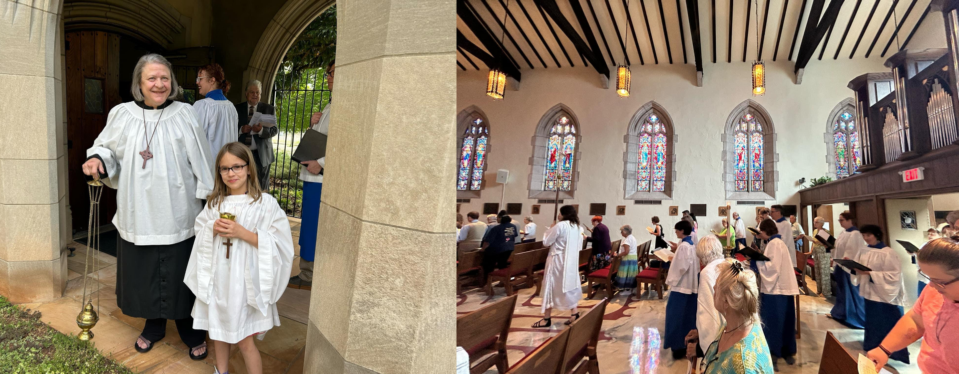 Two sections: outside a church with people in white robes, and inside a church during a service.