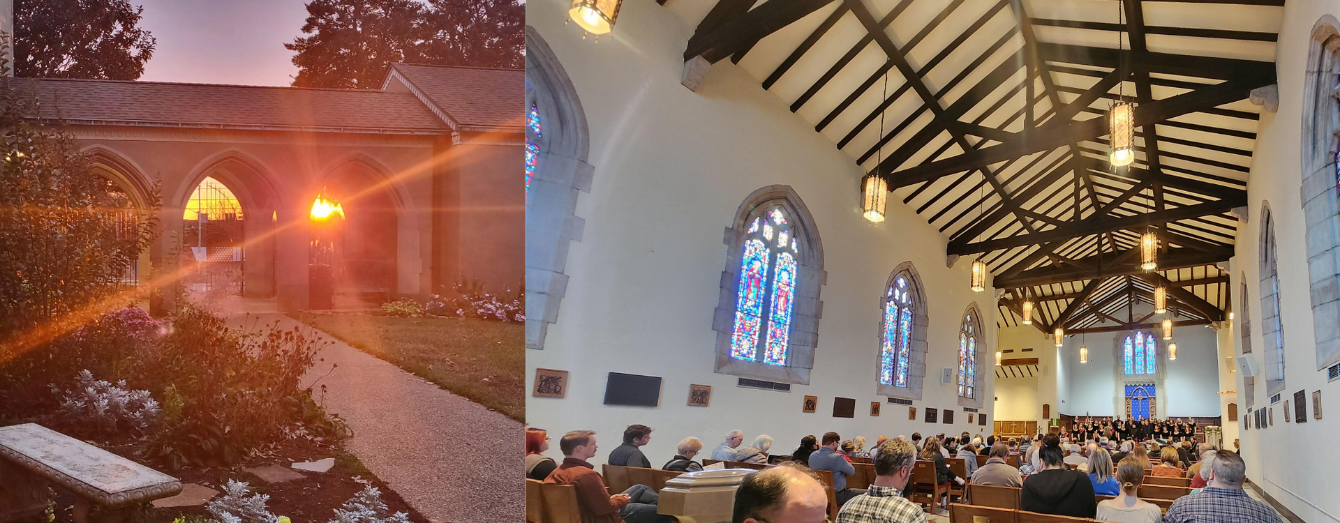 Church exterior and interior. Sunlight shines through the arched doorway and stained-glass windows. People sit in the pews.