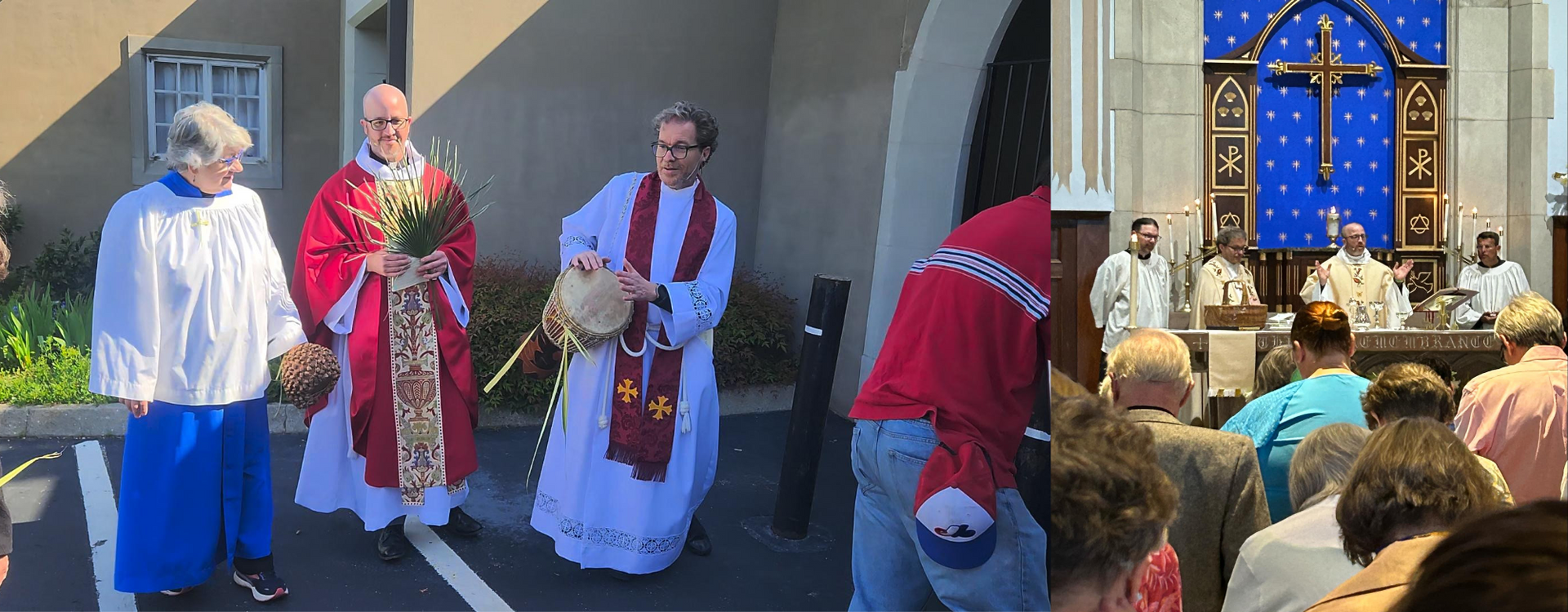 Clergy in religious attire and congregants at a church service, outdoor procession, and indoor mass.