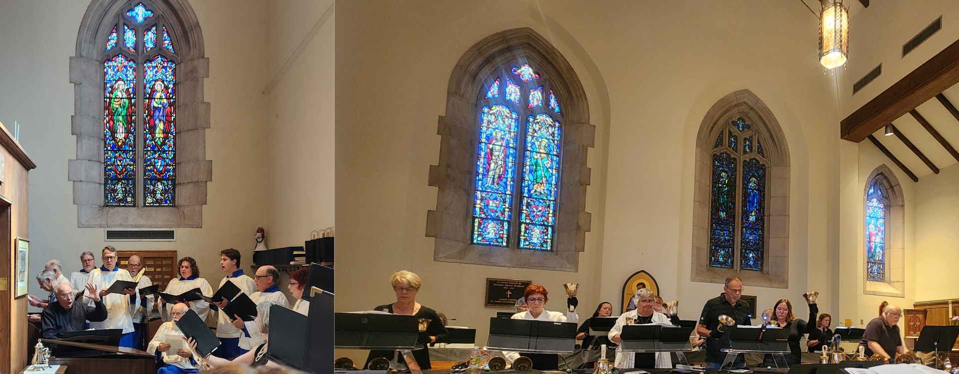 Choir and orchestra performing in a church with stained glass windows.
