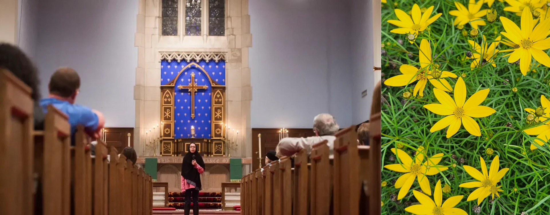 Interior of church with people seated, altar in background, and flowers.
