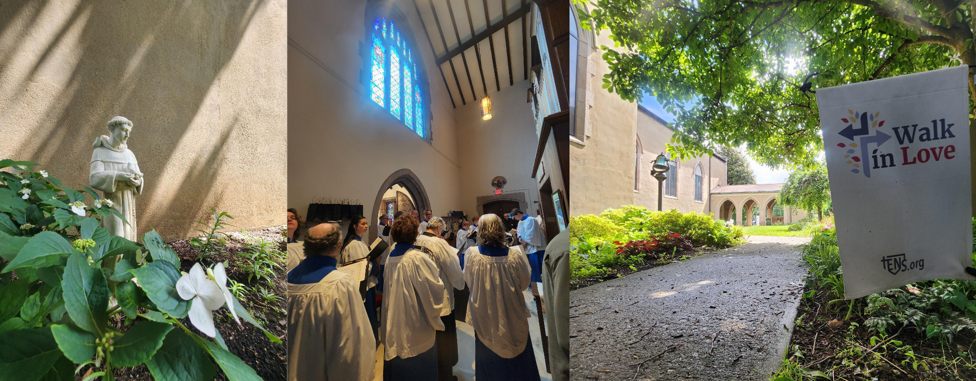 A church event with people, a statue, and a 