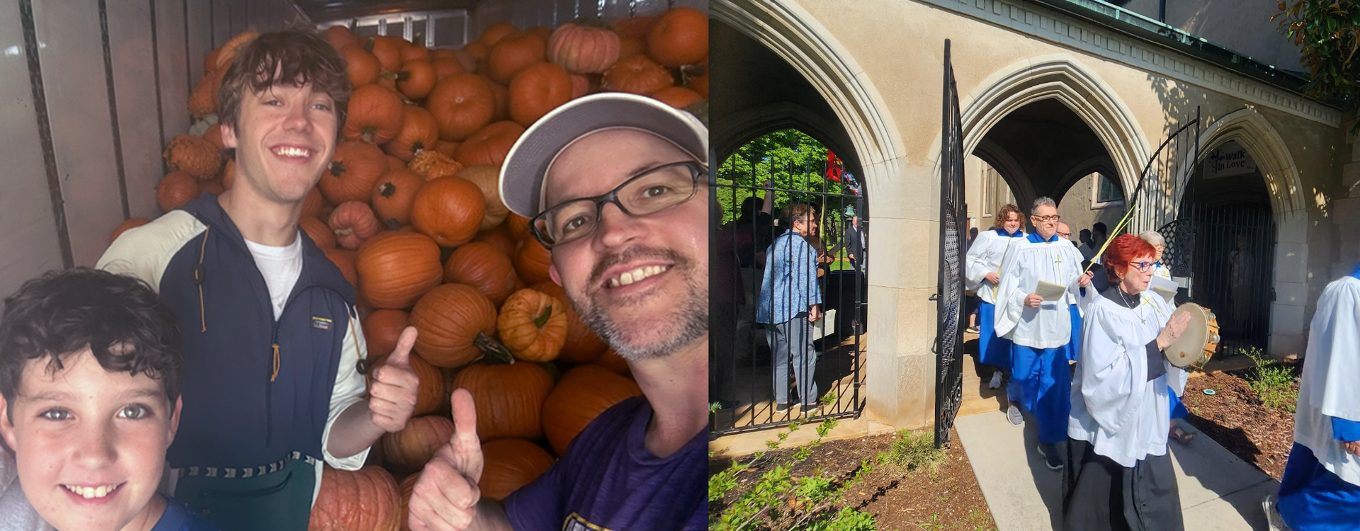 Group with pumpkins, people near arched entry with people in white robes.