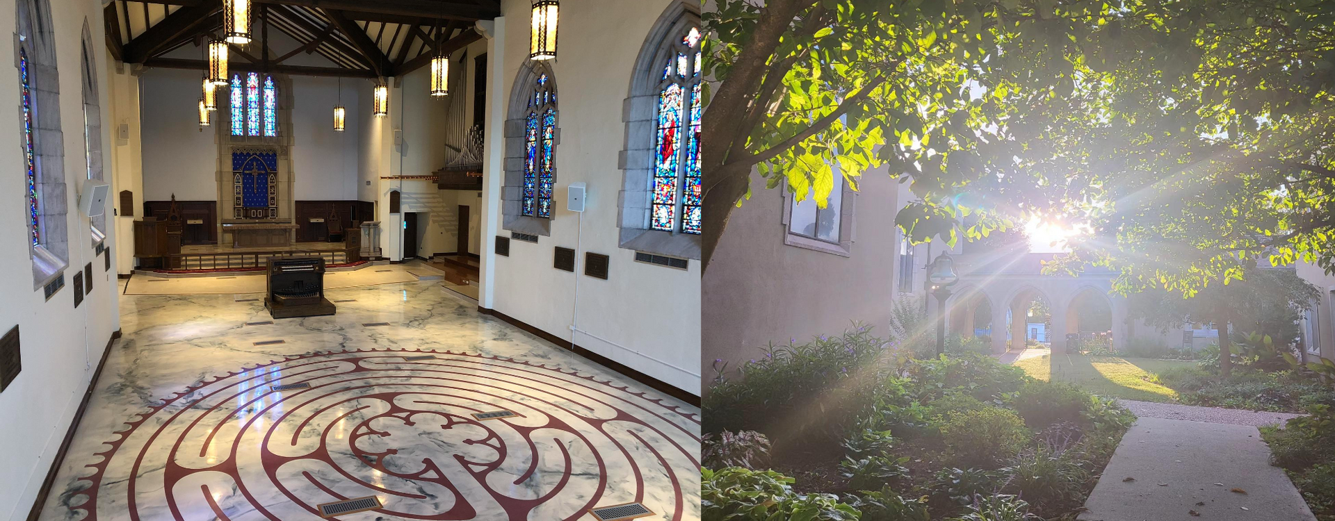 Inside a church with a labyrinth floor and sunlight streaming through trees outside.