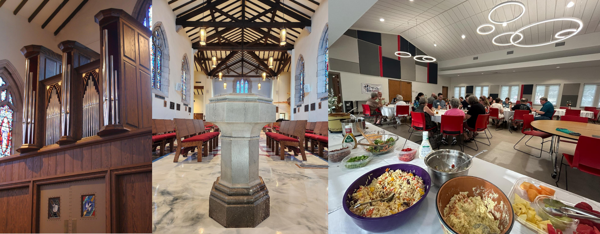 Three photos: organ inside church, baptismal font in church, and people at tables in a hall with food.