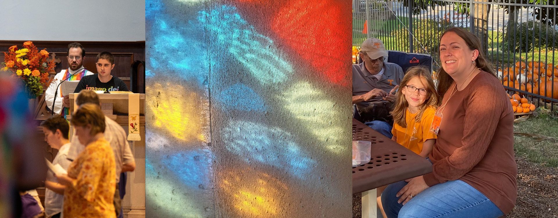 A multi-panel image: church service, stained glass, and people outside.