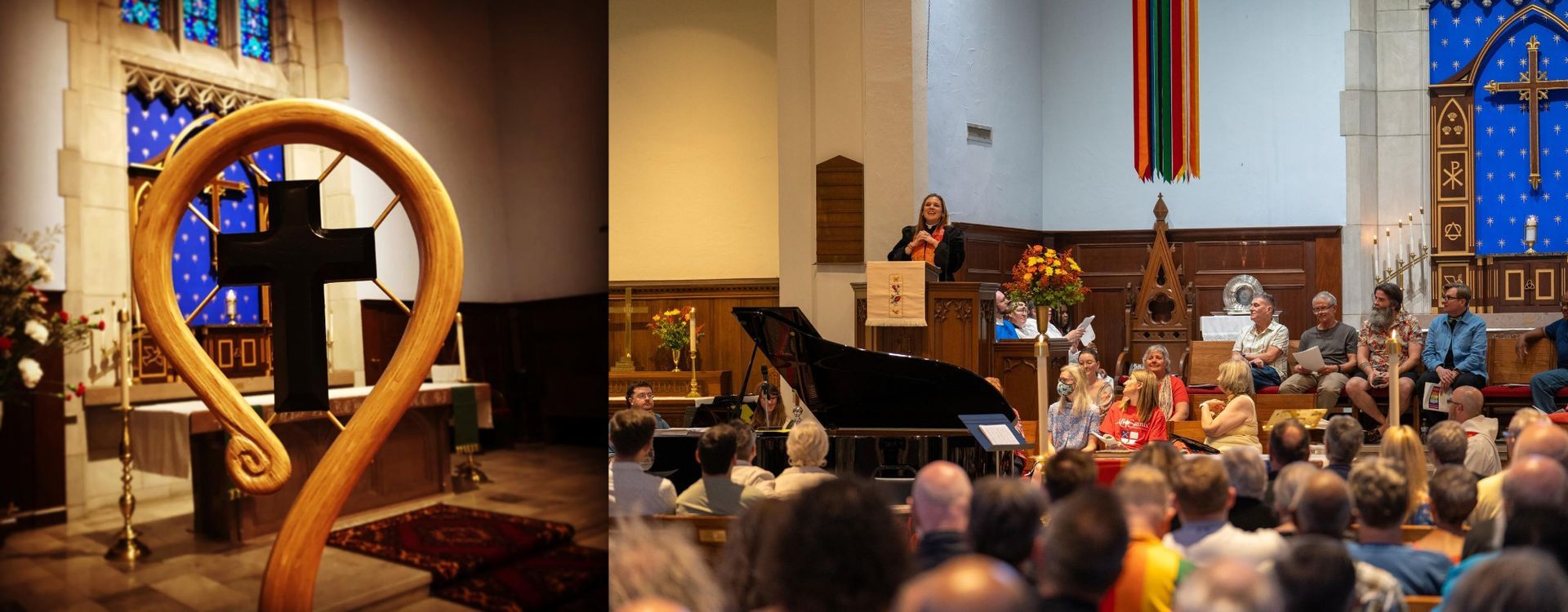 Church interior with cross, ceremony with piano, and people in attendance.