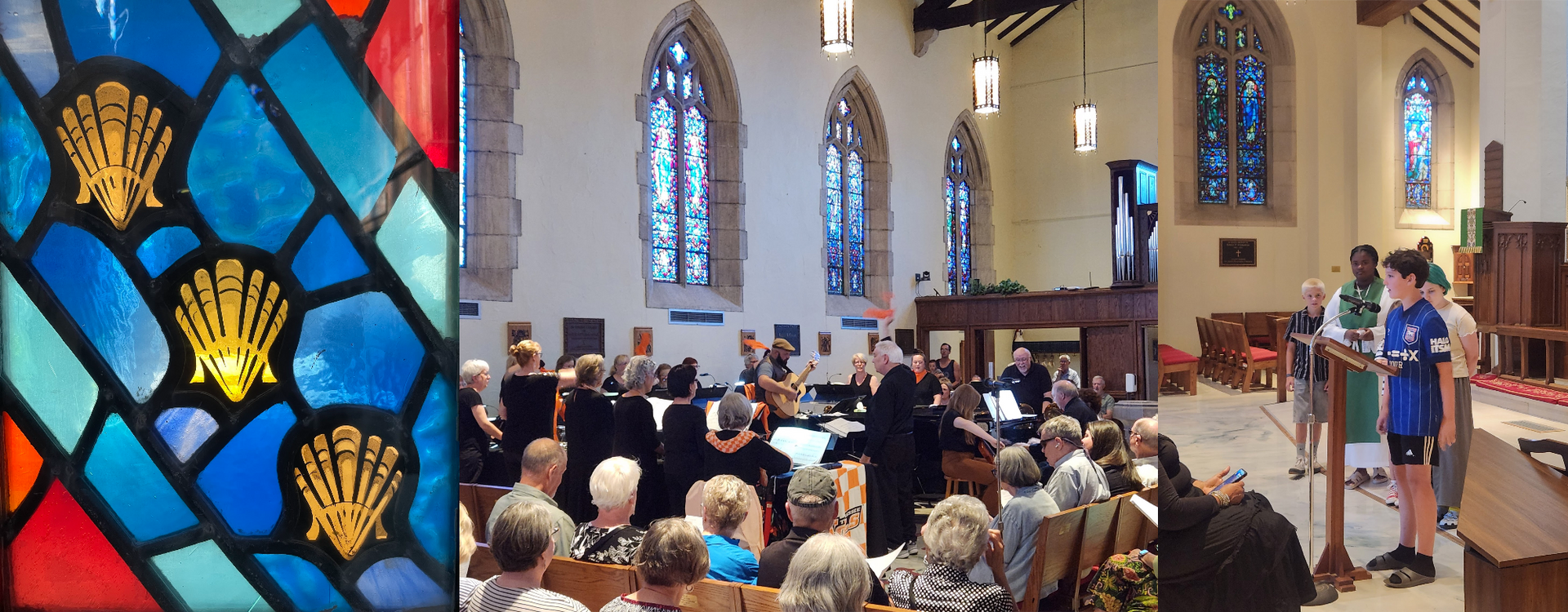 Stained-glass window beside a church interior; choir and audience attending an event, two people speaking from a podium.