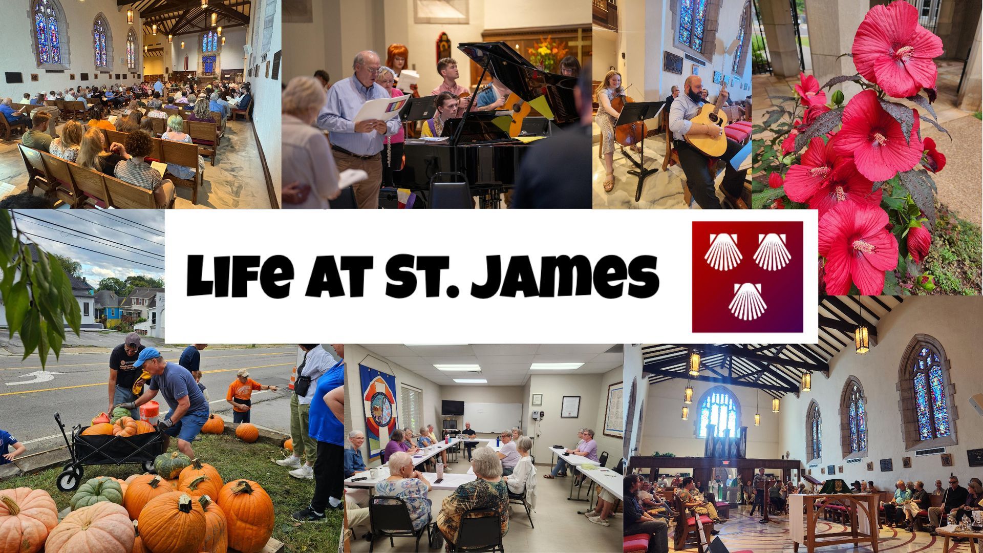 A collage of church activities: worship, music, community events, and floral blooms.