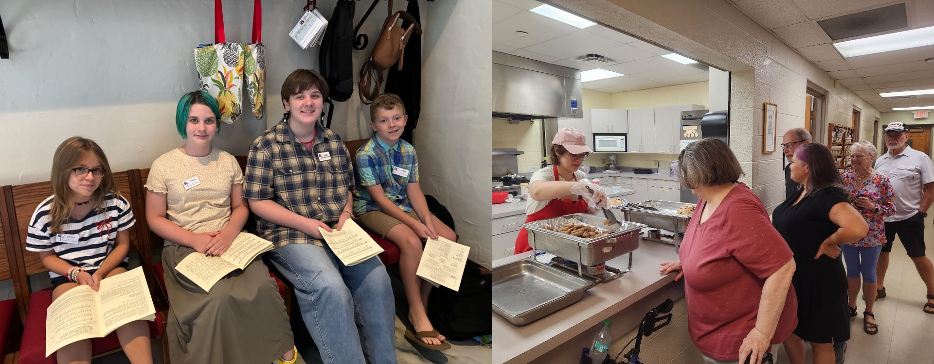 Group of people seated indoors, food being served at a counter.