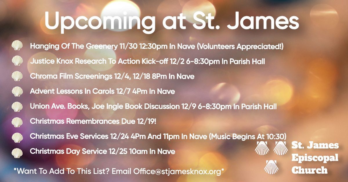 Upcoming September events at St. James Episcopal Church: I-Spy, pop-up chapel, rummage sale, anniversary, screenings, breakfast, and The Artist's Way.