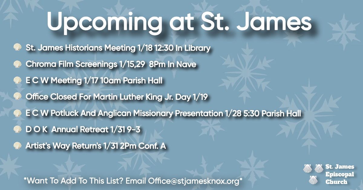 Upcoming September events at St. James Episcopal Church: I-Spy, pop-up chapel, rummage sale, anniversary, screenings, breakfast, and The Artist's Way.