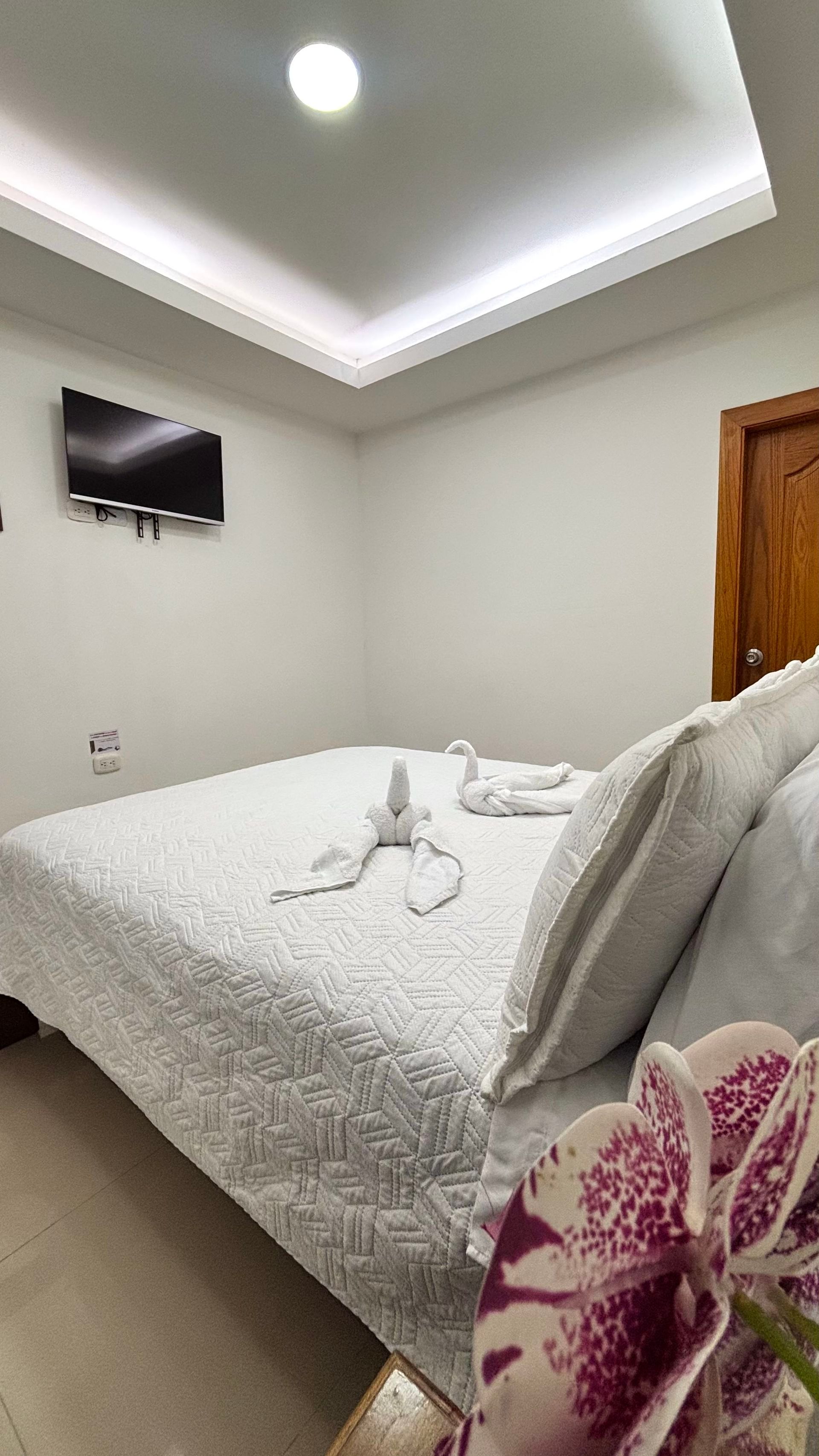 Cama bien hecha en un dormitorio minimalista con televisor montado en la pared, iluminación tenue y una puerta de madera.