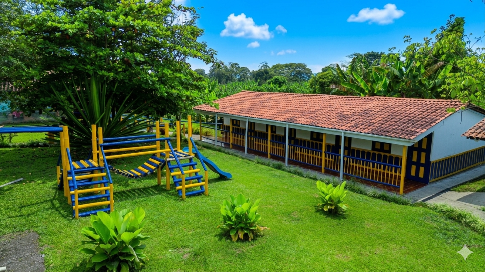 Un colorido parque infantil junto a un largo edificio de techo rojo en un campo de un verde brillante bajo un cielo azul.