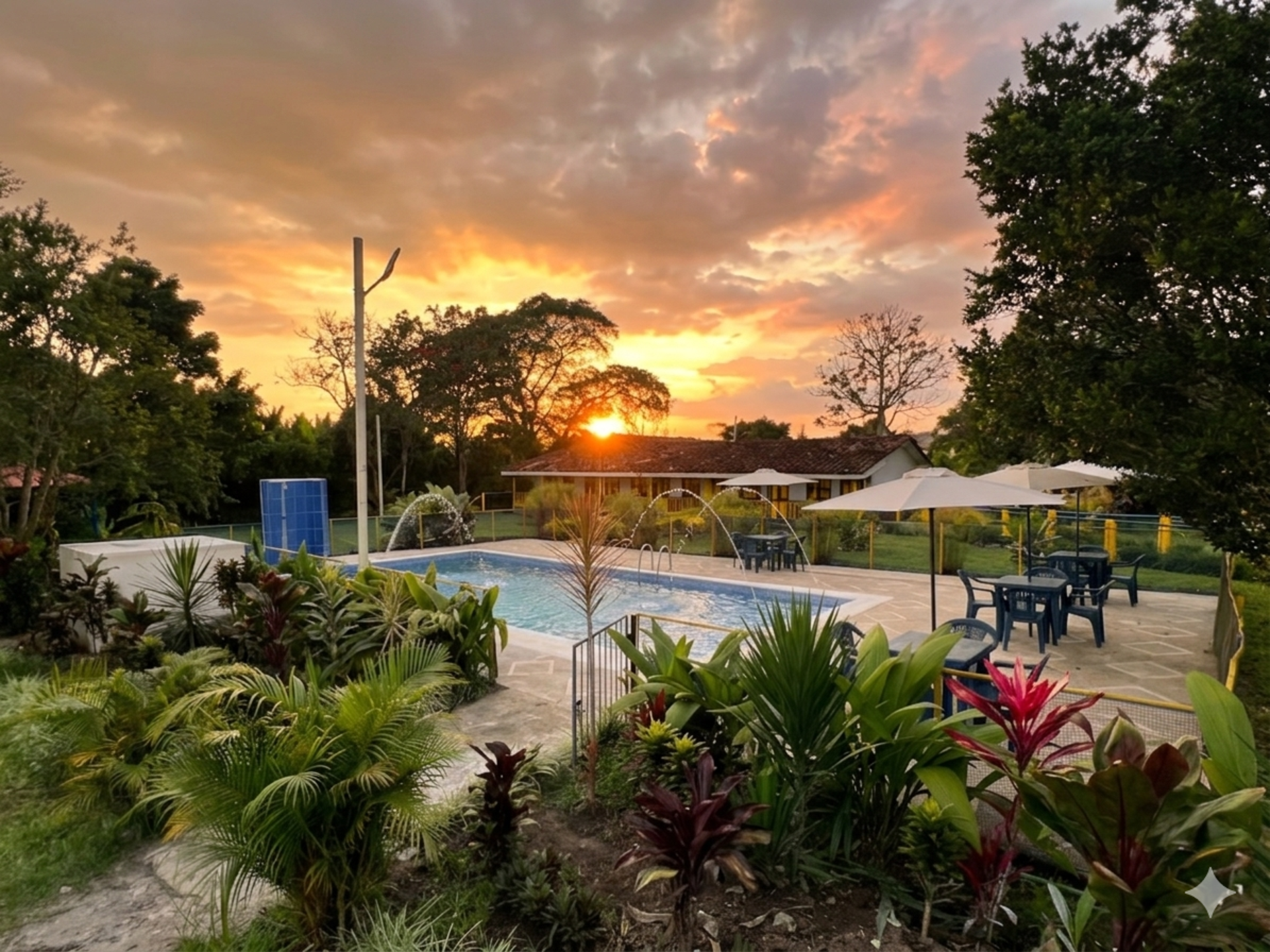 Puesta de sol sobre la piscina de un complejo turístico con palmeras