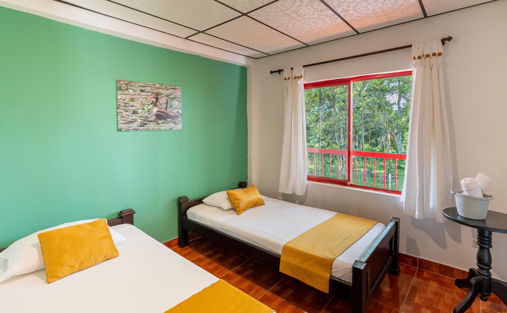 Habitación luminosa con dos camas, pared verde, ventana con marco rojo y cortinas blancas.