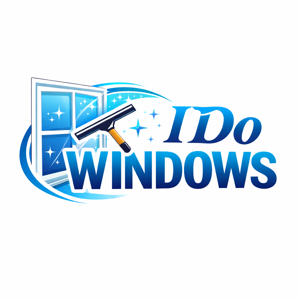 Logo for "IDo Windows" window cleaning service, featuring a sparkling blue window with a squeegee and stylized water swirls.