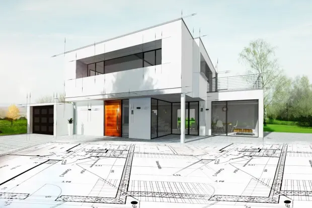 Modern white two-story house exterior overlaid on a blueprint floor plan.