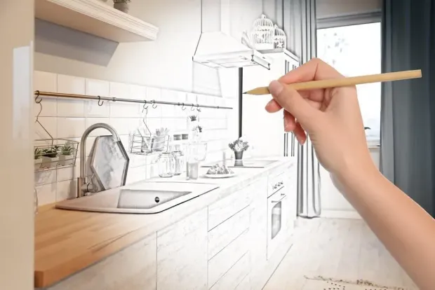 A hand holds a pencil, drawing a kitchen design where a line sketch transitions into a realistic view of a counter.