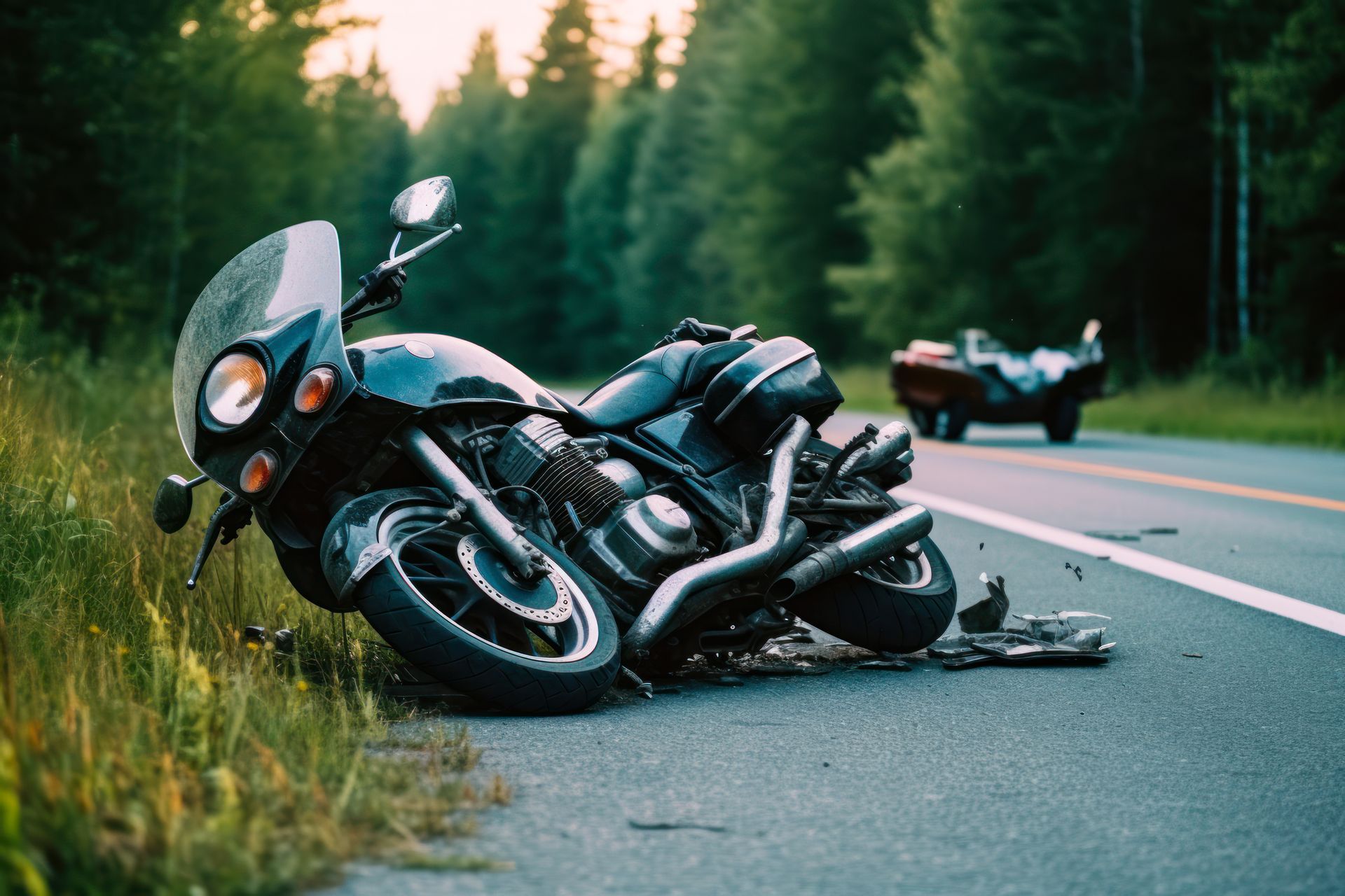 Motorcycle crashed on side of a road, with a car in the background.