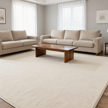 Bright living room with beige sofas, a wooden coffee table, and a large cream rug