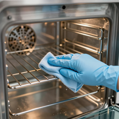 Blue-gloved hand wiping the inside of a stainless steel oven with a cloth