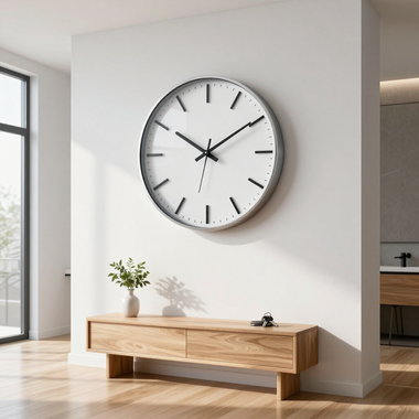 Modern minimalist room with a large wall clock above a wooden bench and small potted plant