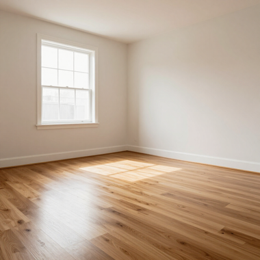 Empty sunlit room with white walls, hardwood floor, and a window casting light on the floor