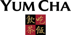 The words "YUM CHA" above a square logo featuring four quadrants of Chinese characters in black, red, and gold.