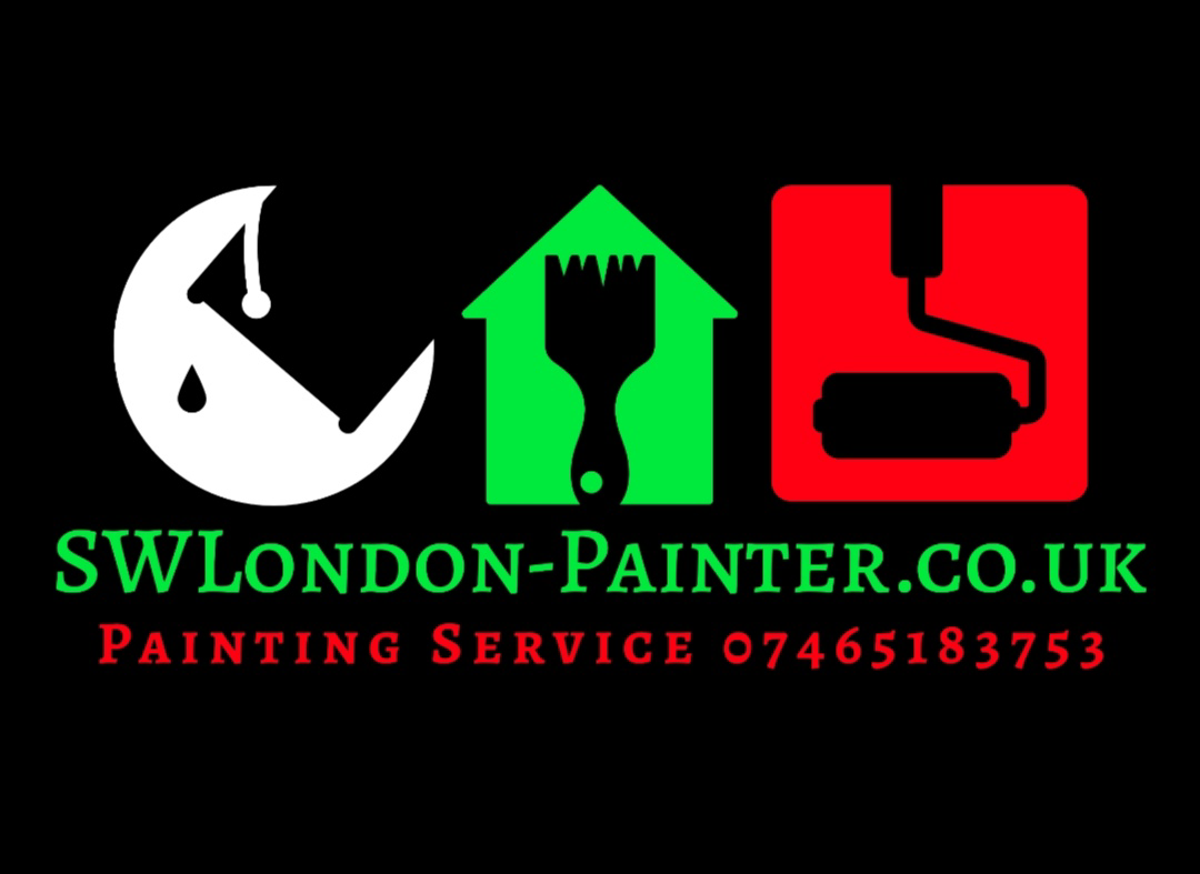 Logo for SW London Painter, with a crescent moon, house with brush, and paint roller icon. Website address and phone number are displayed.